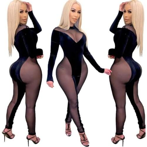 Black Velvet Mesh Patchwork Jumpsuit Rompers Summer Spring New Sexy Women High-neck Long Sleeve Perspective One-pieces Jumpsuit