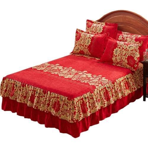 DeMissir Chinese Red 2 Layers Ruffle 3pcs Set Bed Skirt Fitted Bed Sheet +2 Pc Pillow Cases Queen Full Twin Size Adult Children