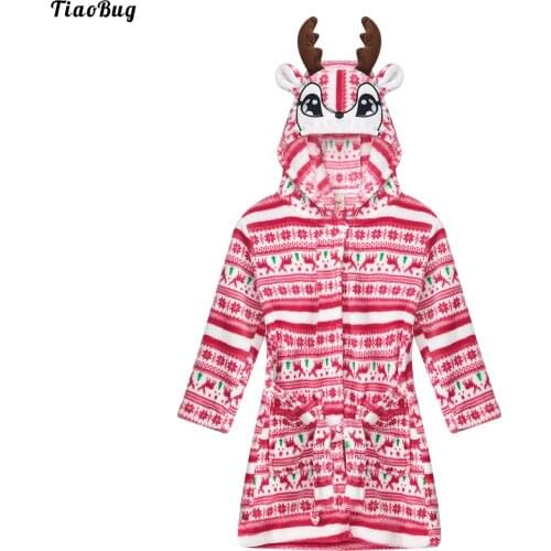 Winter Kids Girls Boys Bathrobe Hooded Long Sleeves Christmas Elk Stocking Print Sash Closure Casual Sleeping Robe Loungewear