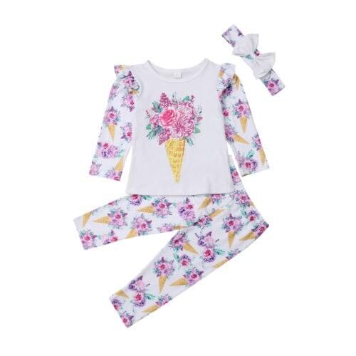 Newborn Kids Baby Girls Floral Ruffle T-shirt Top+Pants Leggings Headband Outfit Size 1-5Y