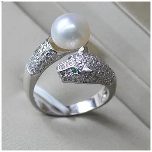 NEW NATURAL HUGE ROUND AAA 9-10MM WHITE PEARL WOMAN LEOPARD RING . 925