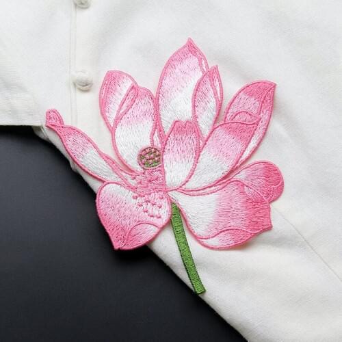 AHYONNIEX Brand 14cm x 16cm Lotus Embroidered Flower Patches Lace Dress Applique Fabric Sew On Clothes Patches Pink Yellow Black