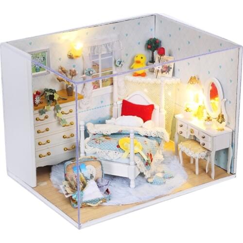 Iiecreate children doll house toys Lovely princess style house wooden mini home with funiture and dust cover
