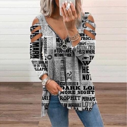 Fashion Newspaper Print T-Shirt Womens Clothing 2021 Autumn New Street Casual Tee Shirt Ladie Zipper Vneck Tops Oversized Tunic