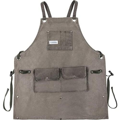Washed Soft Denim Cowboy Hardware Work Apron Dark Gray Bib Leather Straps Delantal Cocina Men Barber Iniform