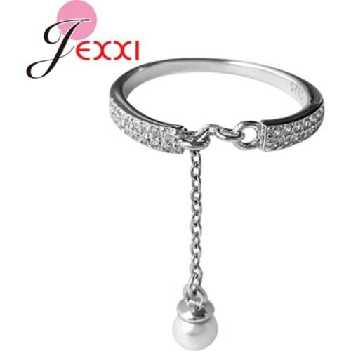 New Fashion Pearl Pendant Rings Adjustable Size Women Girls 925 Sterling Silver Finger Rings For Wedding Engagement