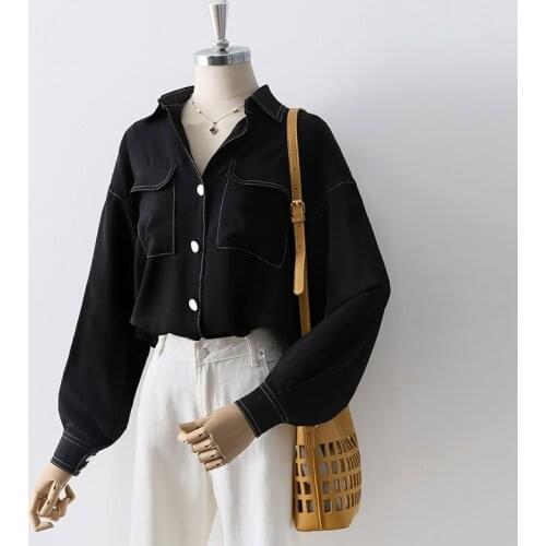 Autumn New Pocket Black Women Blouse Button Loose Lantern Sleeved Office Lady Elegant Shirts Outwear Coat Tops