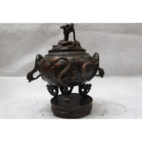 Song voge gem S0165 8" Tibetan Fane Folk Classic Copper Buddhism Six Dragon incense burner Censer