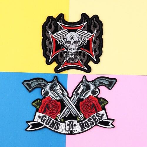 GUN Rose Flower Applique Clothing Embroidery Punk skull Patch Fabric Sticker Iron On Patch For Clothing DIY Biker Parches