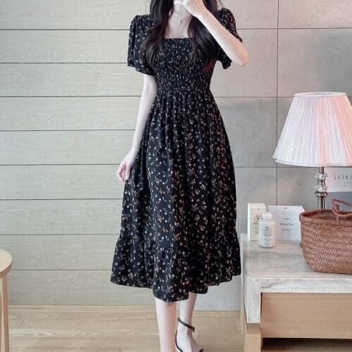 2021 Summer Women Chiffon Dresses Mori Girls Dress Print Floral Short Sleeve Female Pleated Robe Oversize Vestidos Dress KE1039