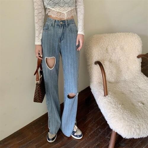 Harajuku Casual Denim Pants High Waist Vintage Heart-shaped Pearl Designs Hole Stripe Loose Split Fork Wide Leg Pants Trousers