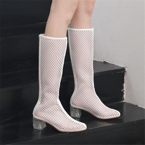 PXELENA Designer Women Summer Mid Calf Boots Riding Air Mesh Rome Vintage Gladiator Sandals Crystal Med Heels Shoes Dress Party