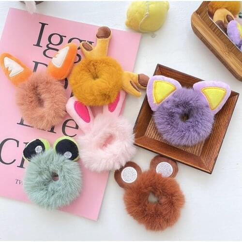 Cartoon Children Hair Accessories Cute Furry Bear Ears Giraffe Soft Elastic Hair Bands Women Girls Faux Fur Scrunchie Hair Bands