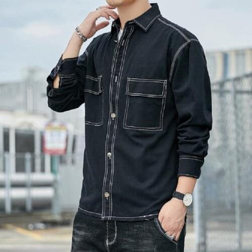 Cotton Multi-bag Japanese Tooling Long-sleeved Shirt Fashion Solid Color Mens Loose Large Size Harajuku Shirt White Shirt