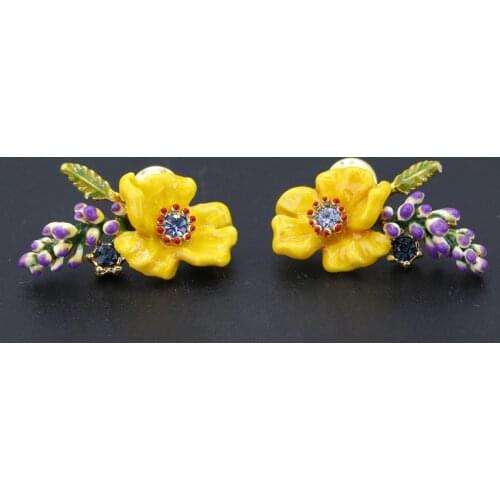 Flower Symphony Series Enamel Glazed Yellow Flower Lavender Stud Earrings 925 Silver Needle Fashion Small Fresh Female Jewelry