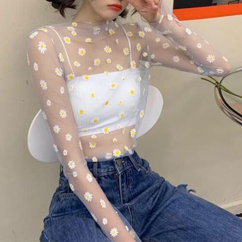 Korean Style Mesh Top Daisy Under Shirt 2020 New Harajuku Aesthetic Cute Lace Flower T shirt Long Sleeve Mesh Top Dropshipping
