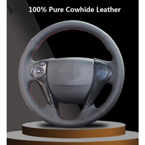 Hand-stitched Black Genuine Leather Steering Wheel Cover for Honda Accord 9 Odyssey Crosstour 2014-2015