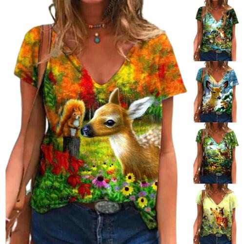 Loose t Shirt Women Tops Short Sleeve V-Neck Summer Tunic T-Shirt 3D Animal Print Tops Womens t shirt