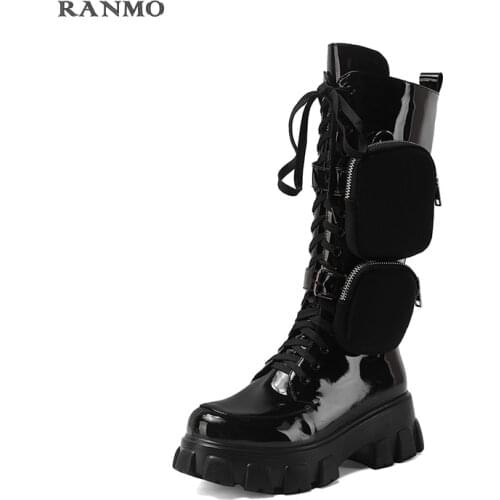 Thick Bottom Monolith High Heel Motorcycle Boots Women with Pocket Long Boots Patent Leather Platform Shoes Woman Botas Mujer