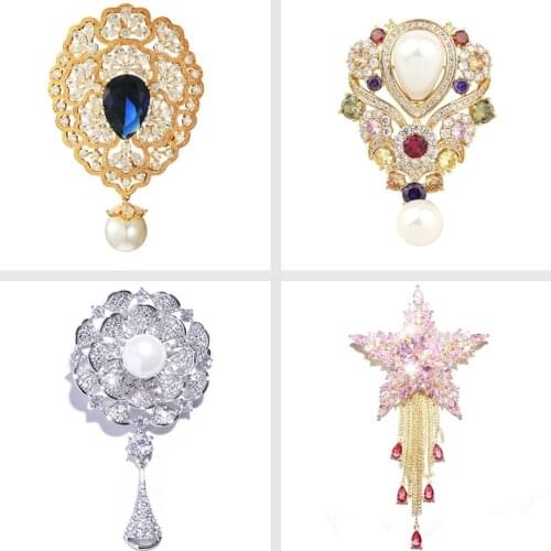 Vintage Zircons Crystal Teardrop Brooches Pins for Women Wedding Bridal Bouquets Jewelry Accessories Elegant Pearl Dangle Broche