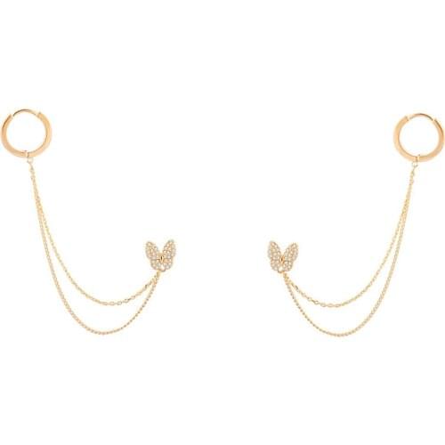 Small Butterfly Stud Earrings for Women Gold Color Hoop Clip Double Layer Tassel Chain CZ Zircon Jewelry Korean Elegant Gifts