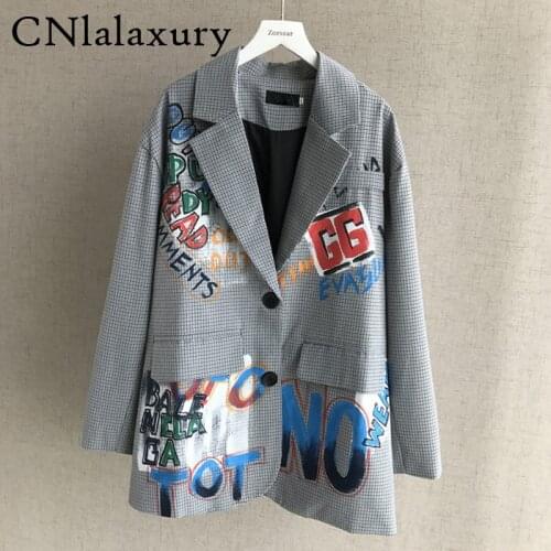 2020 New Autumn Plaid Blazer Women Fashion Graffiti Print Blazers Jacket Lady Loose Casual Suit Streetwear Coat Outerwear Tops