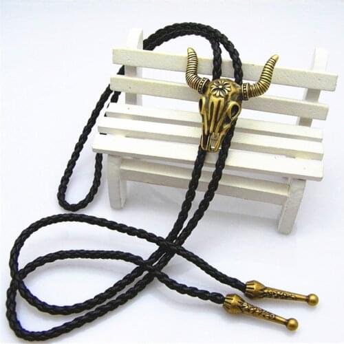 Bolo Tie New Retro Shirt Chain Bicolor Bison Bone Poirot Rope Leather Necklace Long Necktie Pendant