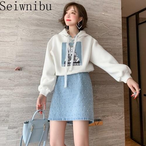 Hooded drawstring Appliques Sweashirt + Beaded Drill A-line Denim Skirt 2 Piece Set Female 2020 Spring Fall Tracksuit Women