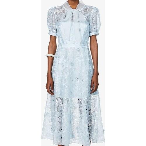 2021 Summer New Arrive Women Lace Midi Dress Floral Embroidered Short Sleeve Bow Elegant Lady Party Dress