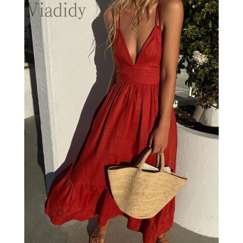 Women Casual Solid Color Spaghetti Strap Open Back Big Swing Maxi Dress