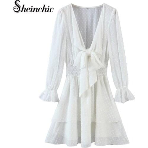 Elegant White Polka Dot Chiffon Dresses for Women 2021 Summer Runway Designers Casual V-neck Long Sleeve Mini Dress Female