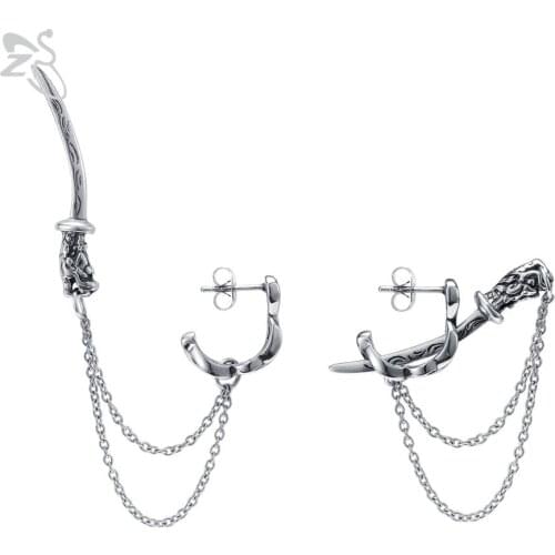 ZS 1 Pair Charm Sword Pendant Earring For Men Women Stainless Steel Long Drop Ear Studs Punk Retro Vintage Ear Piercings Jewelry