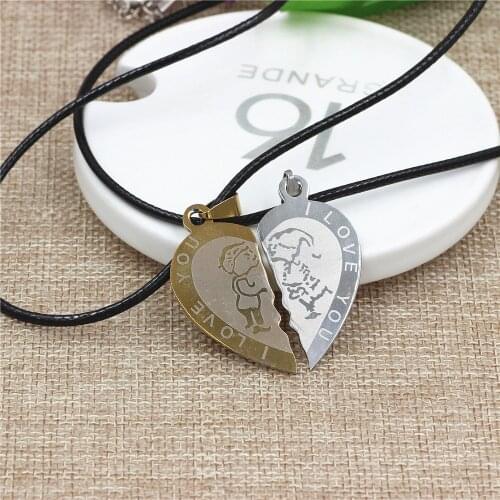 2pcs Heart-shape "I Love You" Titanium steel Couple Lovers Half Heart Pendant Necklace Puzzle pendant necklace(One Pair)