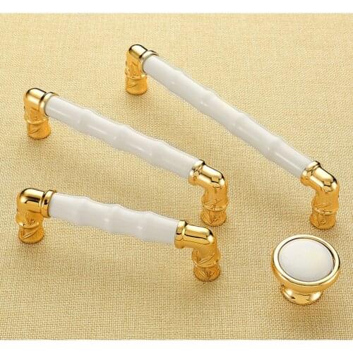 96 128 160mm modern fashion creative bamboo kitchen cabinet wine cabinet door handle white ceramic gold dresser drawer knob pull