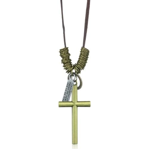 Antique Bronze Color Metal Cross Pendant Necklace Adjustable Leather Chain Necklace for Men Colar Religious Jewelry Gifts