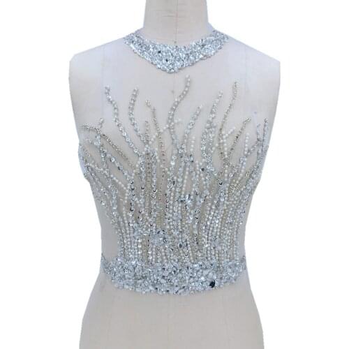 Handmade white Hot drilling Rhinestone pearl lace embroidery patch applique wedding dress bordados DIY Performance clothing