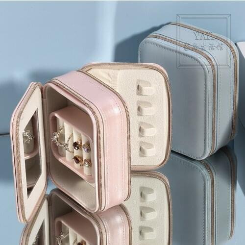 Double-decker Portable Jewelry Box Travel Mini Mirror Jewelry Bag Korean Earrings Stud Ring Storage Box