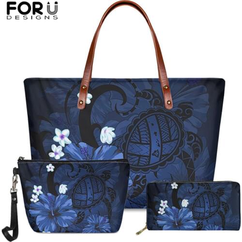 FORUDESIGNS Blue Hawaii Hibiscus Polynesian Tribal Design Fashion Women 3pcs Large Shoulder Bag Ladies Luxury Tote Bags PU Purse