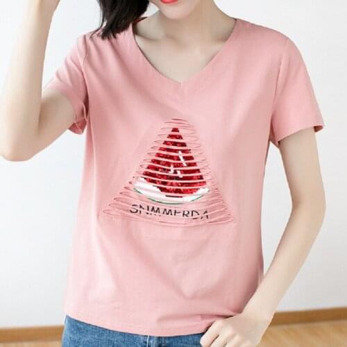 Korean women spring summer short-sleeved female loose thin wild casual T-shirt sequins watermelon cotton T-shirt plus size pink