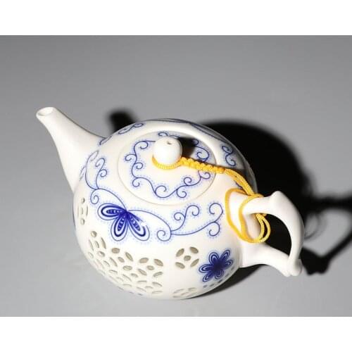 Ceramic Blue and White Porcelain Kung Fu Tea Set Linglong Tea Set Crystal Hollow Teapot Jingdezhen