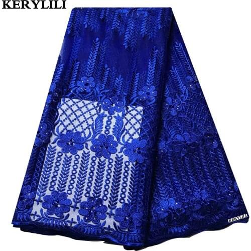 Royal Blue French Net Cloth Beaded African Tulle Lace High Quality Fabric Voile Design Wedding Bridal Dress KRL-28722