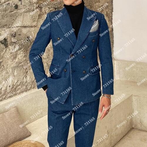 Groom Wear Peaked Lapel Denim Men Suits For Wedding Prom Party Double Breasted Jacket With Pants 2 Peices Set Tuxedos Blazers