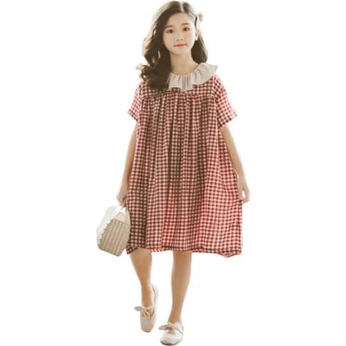 2021 Summer Girls Plaid Loose Dress New Spring Kids Preppy Style Knee Length Peter Pan Collar Dress 5 6 8 10 11 12 14 Years Old