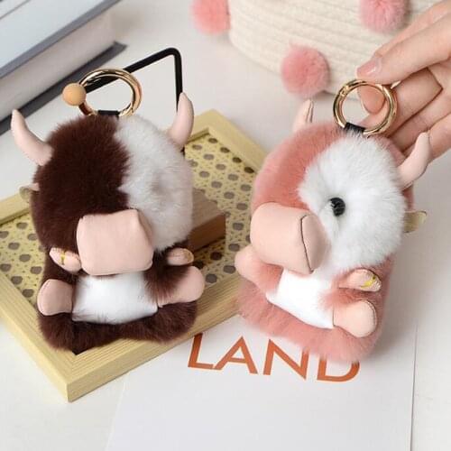 Mini Cow Keychains Plush Mink Hair Cow Doll Key Rings Real Fur Cute Calf Key Holder Charm Bag Hanging Pendant Decor Car Trinket