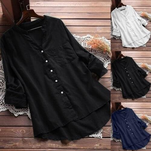 Fashion Casual Cotton Linen Pocket Blouse Loose Buttons Solid Tee Top Female Women Long Sleeve Shirt Blusas Femininas Clothing