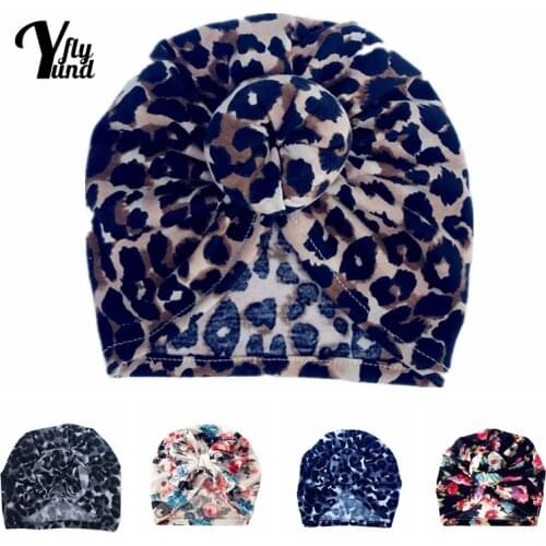 Yundfly Fashion Leopard Print Baby Girls Turban Hat Cute Flowers Pattern Bowknot Infant Caps Donut Headwear Photography Props