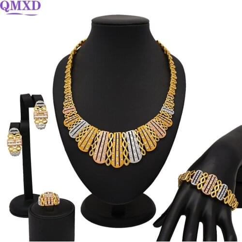 Fashion Dubai Bridal Jewelry Sets Crystal Necklace Bracelet Elegant Women Flower Shape Earrings Ring for Women Wedding Jewelry