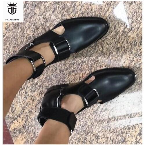 FR.LANCELOT Flats Black real Leather Cut-outs Buckles Men Sandals Summer Zapatos De Mujer Shoes man