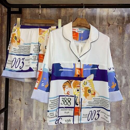 New Spring Womens Fashion Printed short-sleeved Silk Pajamas Two Piece Trousers Set Home Clothes Sleepwear