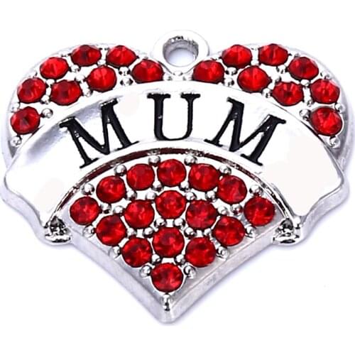 New Arrivalr 20 pcs a lot rhodium plated MUM with red/pink/blue/white crystal heart pendant Drop Shipping